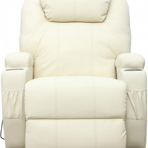Fotoliu recliner Cinemo, cu masaj, incalzire, rotativ si cu suport pentru bauturi, piele naturala, crem - Img 4