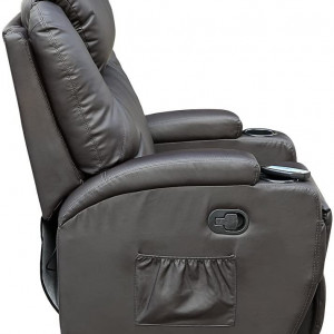 Fotoliu recliner Cinemo, cu masaj, incalzire, rotativ si cu suport pentru bauturi, piele naturala, negru - Img 3