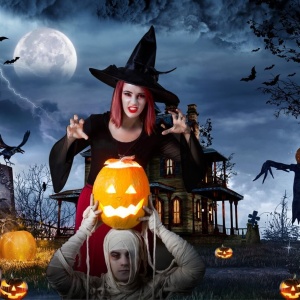 Fundal foto pentru Halloween Aiikes, model casa bantuita, vinil, multicolor, 210 x 150 cm