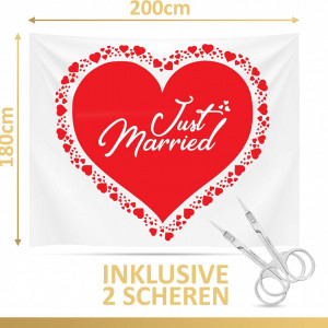Fundal pentru nunta cu 2 foarfece si un stilou Art_Deco, poliester, inima, alb/rosu, 2 x 1,8 m - Img 3