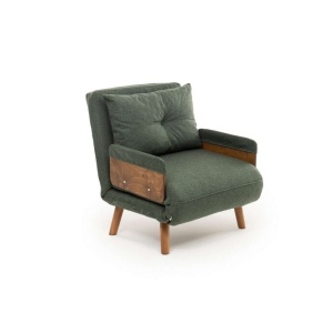 Futon fotoliu extensibil 77x70x82 cm, pat 190x70 cm, spatar 14 pozitii, tapiterie poliester, cadru metal, brate lemn, verde - Verificat A · Re-Bloom