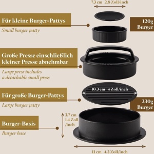 GOURMEO presa burger 3in1, chiftele mari Ø10.3cm/230g + mici Ø7.3cm/120g + umplute, placa baza detasabila, antiaderenta, 50 coli hartie incluse, negru - Verificat A · Re-Bloom - Img 5