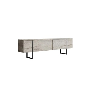 Hanah Home comoda TV 180x30x50 cm, PAL 18mm melaminat, picioare metal, travertin si negru - Verificat A · Re-Bloom