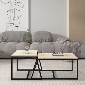 Hanah Home set 2 masute de cafea, PAL 18mm melaminat, cadru metal, masuta mare 75x50x38 cm si masuta mica 55x57x45 cm, travertin si negru - Verificat A · Re-Bloom - Img 2