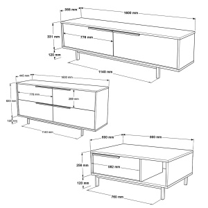 Hanah Home set 3 piese living, comoda TV 160cm, masuta cafea 90cm, comoda 160cm, PAL 18mm, imprimat UV, picioare metal, stejar - Verificat A · Re-Bloom - Img 4