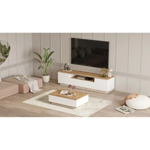 Hanah Home set mobilier living, comoda TV 180x44.6x44.5 cm + masuta cafea 90x28.6x60 cm, PAL 18mm, pin atlantic si alb - Verificat A · Re-Bloom - Img 4