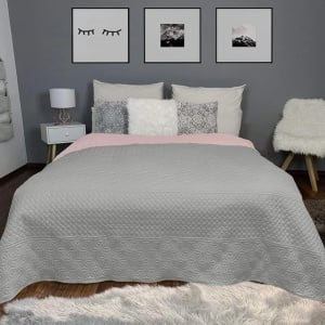 HOMELEVEL cuvertura pat/canapea reversibila, matlasata, poliester, 200x220cm, Roz/Gri - Verificat A · Re-Bloom