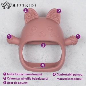 Jucarie pentru dentitie din silicon, Appekids, Manusa Kitty - Old Rose - Img 2