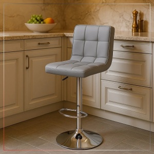 Kiwari Lior set 2 scaune bar reglabile, sezut PU/spuma, baza rotativa crom, 38x34cm, inaltime 87-107cm, sezut 59-79cm, capacitate 120kg, design modern, gri - Verificat A · Re-Bloom - Img 5