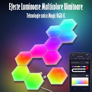 Lampa Modulara Inteligenta tip Hexagon cu Aprindere prin Atingere Led RGB, 6 Panouri Tactile, Voice Control, App control IOS/Android, Alexa/Google Home, Wi-Fi, Port USB, Telecomanda Inclusa - Img 3