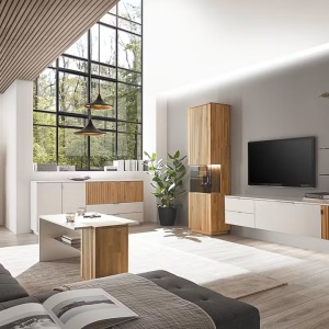 Lazori raft perete LED 82x133x28 cm, 2 rafturi sticla, panou stejar masiv uleiat, suport MDF lacuit, alb/stejar bianco - Verificat A · Re-Bloom - Img 3