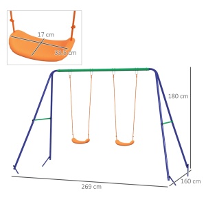 Leagan pentru copii cu 2 scaune, otel/PP, 269x160x180 cm, scaun 33.5x17x9cm/inaltime 45cm, capacitate 45kg/scaun, certificat EN71, varsta 3-8 ani, 4 tarusi inclusi, albastru/verde/portocaliu - Verificat A · Re-Bloom - Img 3