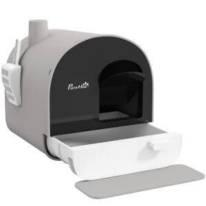 Litiera pentru pisici inchisa cu filtre si lopata, PP, 43x44x47 cm, tava interioara 38x34x8.5cm, usa 18x22.5cm, covoras 45.5x17cm, gri/negru/alb - Verificat A · Re-Bloom
