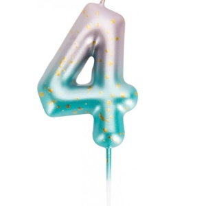 Lumanare pentru tort UVTQSSP, cifra 4, ceara, verde/roz/auriu, 9 cm