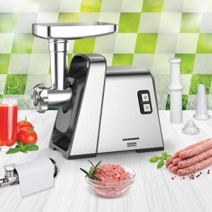 Masina de tocat Heinner MG-Y1800X, Putere 1800W, Functie reverse, 3 site de taiere, Accesoriu de rosii si carnati, Argintiu - Img 3