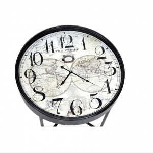 Masuta laterala cu ceas si harta, rotunda, metal/sticla, negru, 63 x 70 cm - Img 3