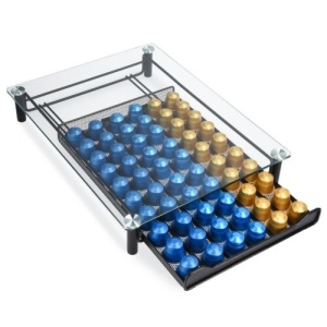 Navaris organizator capsule Nespresso, fier cromat/sticla, 30x40x6.5 cm, 60 capsule, 6 coloane, montare perete - Verificat A · Re-Bloom