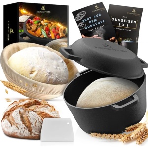 Oala cu capac Steinzeitwerk din fonta, 4.6 l, pentru cuptor, plita, gaz, electric, cu inductie, cu cos pentru aluat si racleta, 26 cm, Resigilat, Grad A - Img 2