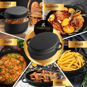 Oala cu capac Steinzeitwerk din fonta, 6 l, 2in1, pentru cuptor, plita, gaz, electric, cu inductie, ovala, 35x25x17 cm, Negru, Resigilat, Grad A - Img 3
