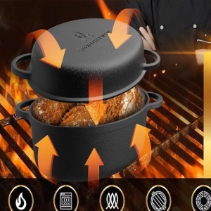 Oala cu capac Steinzeitwerk din fonta, 6 l, 2in1, pentru cuptor, plita, gaz, electric, cu inductie, ovala, 35x25x17 cm, negru, Resigilat, Grad A - Img 5