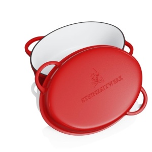 Oala cu capac Steinzeitwerk din fonta emailata, 6 l, 8kg, 2in1, pentru cuptor, plita, gaz, electric, cu inductie, ovala, 35x25x17 cm, Rosu