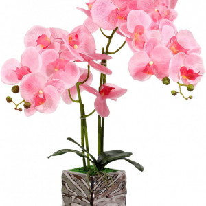 Orhidee artificiala RENATUHOM, roz/verde/argintiu, matase/plastic/portelan, 49 cm - Img 1