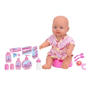 Papusa bebelus 30 cm, Globo Bimbo, cu halat baie, cadita si accesorii pentru spalat, accesorii hranire, biberon si olita incluse, jucarii zornaitoare si suzeta