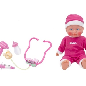 Papusa bebelus 35 cm interactiva, Globo Bimbo, cu pijama moale si caciulita, accesorii hranire, biberon, stetoscop si alte accesorii doctor pentru ingrijire