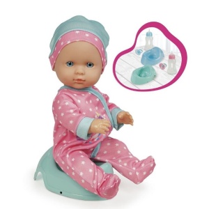 Papusa bebelus cu salopeta stelute si unicorn si caciula multicolora, 30 cm, olita, biberon si suzeta incluse