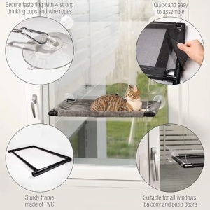Pat suspendat pentru pisici, Amazy, cu prindere pe geam, tip hamac, montaj cu ventuze, 60x35 cm, Resigilat, Grad A - Img 4