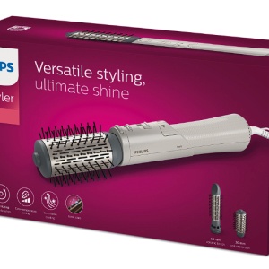 Perie rotativa cu aer cald Philips Seria 7000 BHA710/00, 1000W, ingrijire cu ioni, 2 accesorii, setare temperatura de ingrijire, peri naturali, invelis ceramic din turmalina, Alb/crem, Resigilat, Grad A