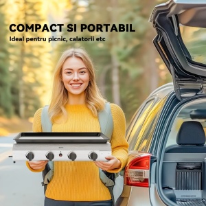 Plita de gratar pe gaz cu 4 arzatoare, otel inoxidabil/metal, 77x44.5x19 cm, suprafata gatit 73x34cm, 4x2.4kW/8000BTU, placa 3mm, propan, tava grasime, regulator + duza incluse, argintiu/negru - Verificat A · Re-Bloom - Img 4