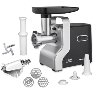 Produs Resigilat Masina de tocat Heinner MG-2100BKSL, putere maxima: 2100W, capacitate de tocare: 1.8 kg/min, cutit din inox, 2 viteze, 3 site de taiere, accesoriu pentru rosii, accesorii pentru carnati si kibbe, functie Reverse, nivel de zgomot: 90 dB