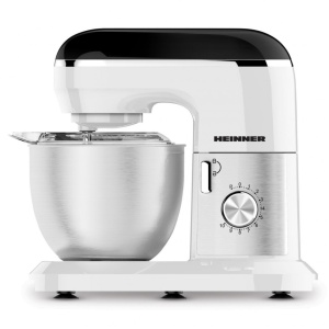 Produs Resigilat MIXER PLANETAR HEINNER HPM-1300WHBK, 1000W, BOL INOX: 5L, 10 VITEZE + PULSE, ACCESORII: TEL, CARLIG FRAMANTARE, PALETA, CAPAC TRANSPARENT PROTECTIE, ALB