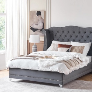 Produs Resigilat Pat matrimonial Re-Bloom Ayette, 160x200 cm, catifea/eucalipt/fier/pin/placaj, somiera 30 lamele arc, tablie 205x154 cm, 220 kg, gri - Verificat A - Img 2