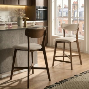 Produs Resigilat Set 2 scaune de bar Re-Bloom Yuma, lemn cauciuc/MDF/textil, 50x54x93 cm, spuma, 110 kg, alb/maro inchis - Verificat A - Img 2