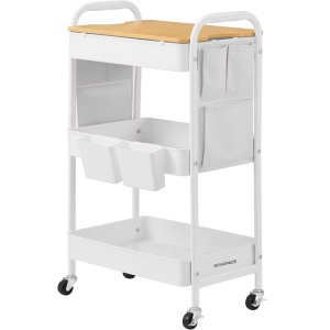 Raft de depozitare SONGMICS mobil tip carucior rulant, pentru baie sau bucatarie, cadru otel cu blat MDF, 31x44x74 cm, alb, Resigilat, Grad A