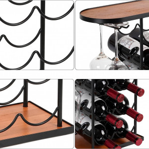 Raft de vin pentru 8 sticle si 2 pahare JUJOYBD, lemn/metal, negru/maro, 42 x 40 x 19 cm - Img 3
