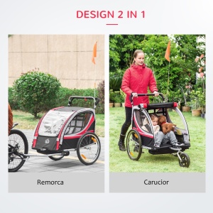 Remorca bicicleta pentru copii Re-Bloom, 2 in 1, otel/tesatura oxford, rosu/gri/negru, 142 x 75 x 101 cm, Resigilat, Grad A - Img 2