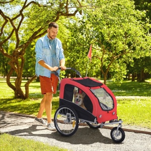 Remorca de bicicleta 2in1 carucior pentru animale, otel/poliester Oxford impermeabil/PU, 155x83x108 cm, spatiu interior 77x60x56 cm, roti spate 51cm + fata 25cm pivotanta 360°, capacitate 30kg, potrivita caini pana la 20kg/53cm, rosu/negru - Verificat A · - Img 2