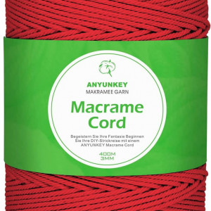 Rola de macrame pentru mestesuguri ANYUNKEY, bumbac, rosu, 400m x 3 mm