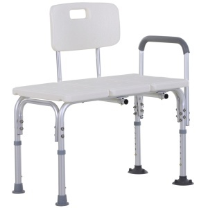 Scaun dus varstnici/dizabilitati, reglabil 6 nivele, 74x53x80-92 cm, aluminiu/PE, brate, spatar, alb/argintiu - Verificat A · Re-Bloom