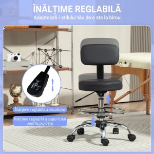 Scaun rotativ cu inaltime reglabila si suport picioare, piele ecologica/spuma/placa multistrat/otel, 52x52x78-92 cm, sezut Ø35x50-64cm grosime 7cm, spatar 30x35cm, capacitate 120kg, negru - Verificat A · Re-Bloom - Img 6