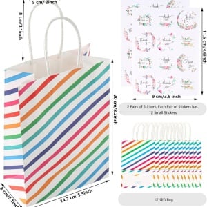 Setul Hdhgxujrd conține 12 pungi din hârtie multicoloră și 2 foi cu stickere decorative. Pungile, cu dimensiunile de 14,7 x 8 x 20 cm, sunt ideale pentru ambalarea cadourilor, dar și pentru organizarea micilor obiecte. Stickerele incluse permit personaliz