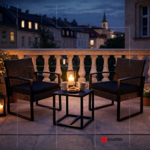 Set 12 x set mobilier Kiwari Terrace, masa 40x40x41 cm + 2 scaune 59x63x73 cm, metal/plastic/ratan, perne incluse, gradina/terasa/balcon, negru - Img 2