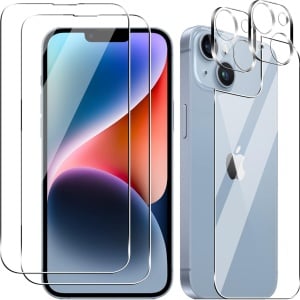 Set 2 folii ecran, una spate si 2 pentru camera pentru iPhone 14 Plus Effcotuo, sticla securizata, transparent, 6,7 inchi