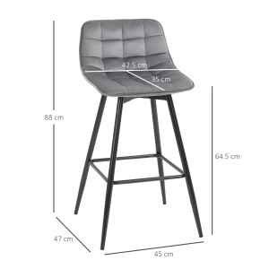 Set 2 scaune de bar stil nordic cu spatar si suport picioare, poliester/metal, 45x47x88 cm, sezut 42x35cm/inaltime 64.5cm, spatar 42.5x22.5cm, capacitate 120kg, gri/negru - Verificat A · Re-Bloom - Img 3