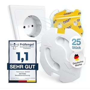 Set 25 bucati protectii priza cu adeziv, CEDA HOME®, anti curentare bebelusi, copii, cu mecanism de rasucire, Alb