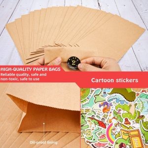 Set 24 pungi cu stickere, cleme si ata Thexiu, hartie/lemn, multicolor, 13 x 8 x 22 cm