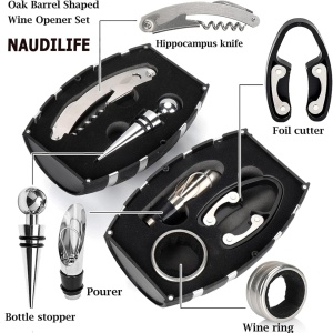 Set 5 in 1 accesorii pentru vin Naudilife, otel inoxidabil/plastic/cauciuc, argintiu/negru